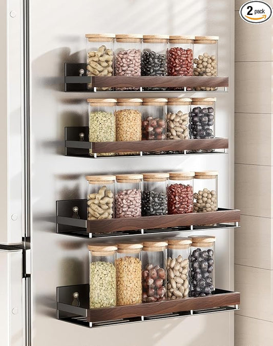 Walnut Magnetic Spice organizer for Refrigerator Wall Mount Spice Rack Magnetic Fridge Shelf Spice Jar Seasoning Organizer (4 PSC)