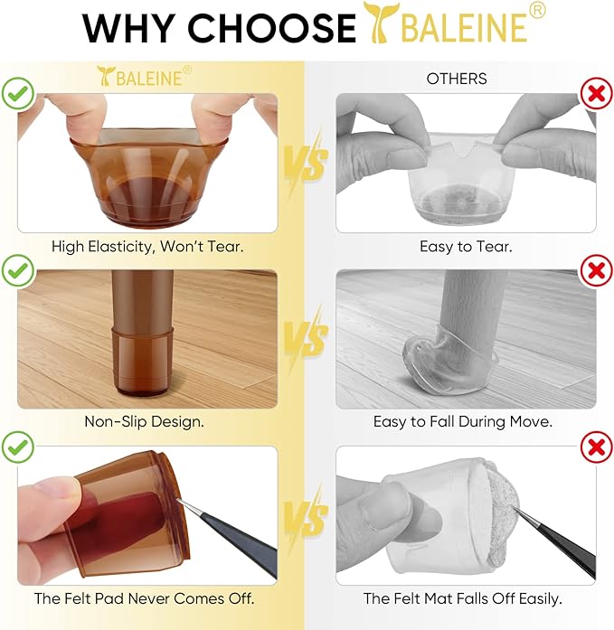 BALEINE 32 Pack Silicone Chair Leg Floor Protectors, Stool Leg Protectors Cap, Non-Slip Chair Leg Caps for Hardwood Floors (Brown & Large, 32 Pack)