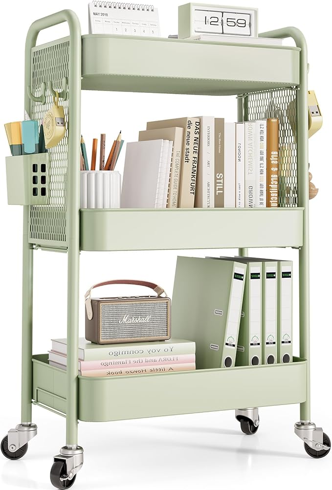 TOOLF 3 Tier Rolling Cart Storage Organizer, Metal Rolling Utility Cart with Wheels, Hooks & Bins Esthetician Craft Art Sturdy Storage with Pegboard for Bathroom, Kitchen, Office, Nursery Diaper