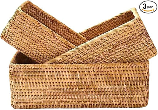 Rattan Storage Baskets, Wicker Baskets for Organizing, Hand Woven Fruit Basket, Decorative Baskets for Kitchen Counter, Living Room, Bathroom, Set of 3
