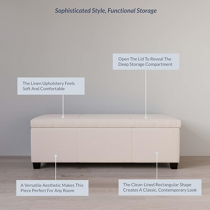 BELLEZE Storage Faux Leather Ottoman, 47 Inch Bench Bedroom Bench with Safety Close Hinge, Extra Long Ottoman with Storage for Living Room, Entryway, Hallway, Foot Rest, Support 300lbs - Beige