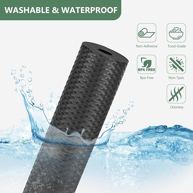 Shelf Liners, Non-Adhesive Drawer Liner, Waterproof & Oil-Proof Kitchen Cabinet Cupboard Liner Plastic EVA Material BPA Free Fridge Liner Mats Paper Protector for Shelves (Black/12in x 120in)