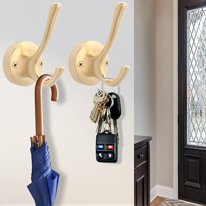 Gold Wall Hooks, 5 Pack Coat Robe Hook Heavy Duty Metal Double Bath Hook Wall Mounted, Hand Towel Hooks for Cubicle Bathroom Kitchen Closet Garage