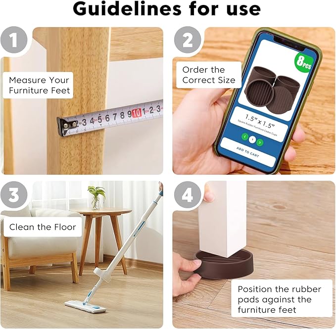 Rubber Furniture Pads Non Slips Furniture Casters Cup Chair Leg Floor Protectors for Bed Sofa Table and Chair Stopper (Pack of 8,Brown 1.5" x 1.5" Round)