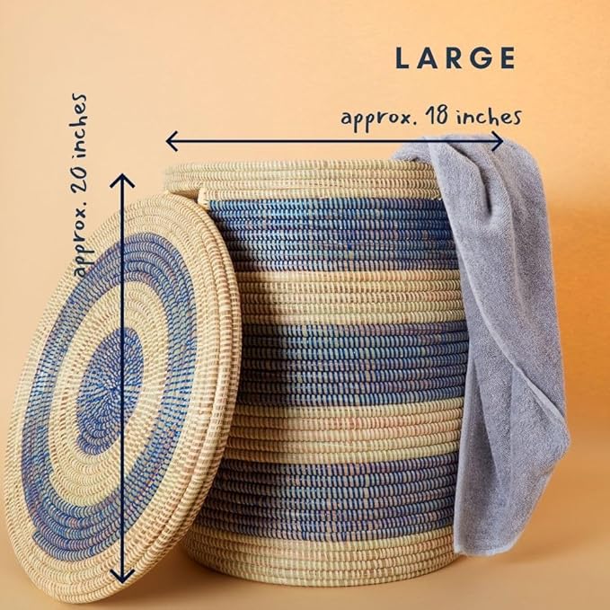 Storage & Organization - Basket, Laundry Hamper, Nursery Toys Bin, Living Room Blankets Storage, Decorative, Wicker, Woven, Sturdy, Round, Handles, Navy Blue, Large