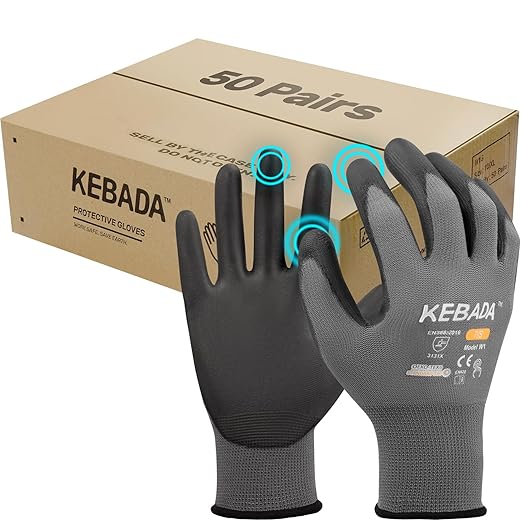 Kebada W1 Work Gloves for Men and Women, Touchscreen PU Coated Gloves with Grip, 50 Pairs Bulk Pack, Ideal for Warehouse Package Handling, Construction, Gardening, Gray Medium