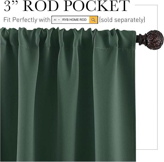 RYB HOME Dorm Curtains Room Darkening, 45 inch Length Privacy Window Treatment Thermal Insulated Covers for Shortage Room Studio Nursery, W34 x L45 inch, 2 Panels, Dark Green