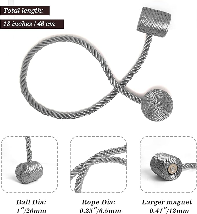 Hion Magnetic Curtain Tiebacks Grey 6 Pack, Curtain Tiebacks Buckles Holdbacks Holders Hooks Clip for Home Bedroom Office Decorative Thick or Thin Curtain
