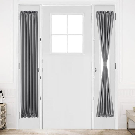 DWCN French Door Curtains – Rod Pocket Thermal Blackout Curtain for Doors with Glass Window, Kitchen and Patio Doors for Privacy, 12 X 72 Inches Long, 1 Curtain Panel with Tieback, Grey