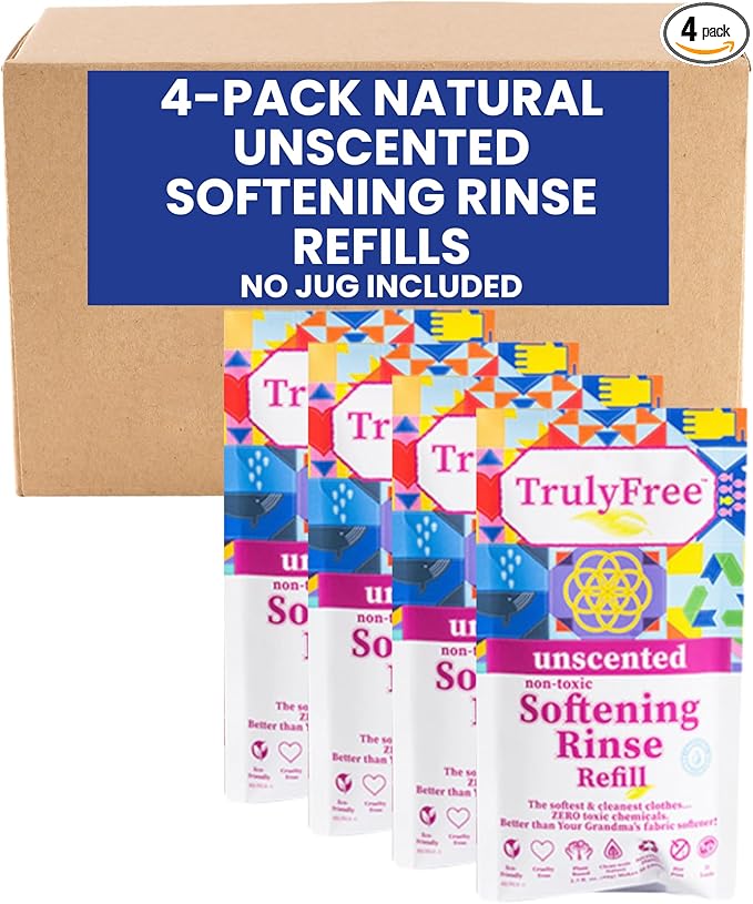 Truly Free Fabric Softening Conditioner for Clothes| Safe for Babies & Kids with Sensitive Skin | Plant-Based | Includes 4 Refills | Unscented Rinse(200 Loads)