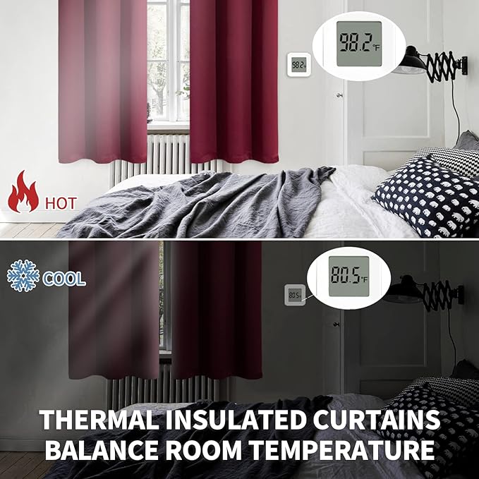 BGment Burgundy Blackout Curtains for Kitchen Cafe Window - Short Window Drapes Thermal Insulated Privacy Blinds for Rv Bathroom, 34 x 45 Inch, 2 Panels