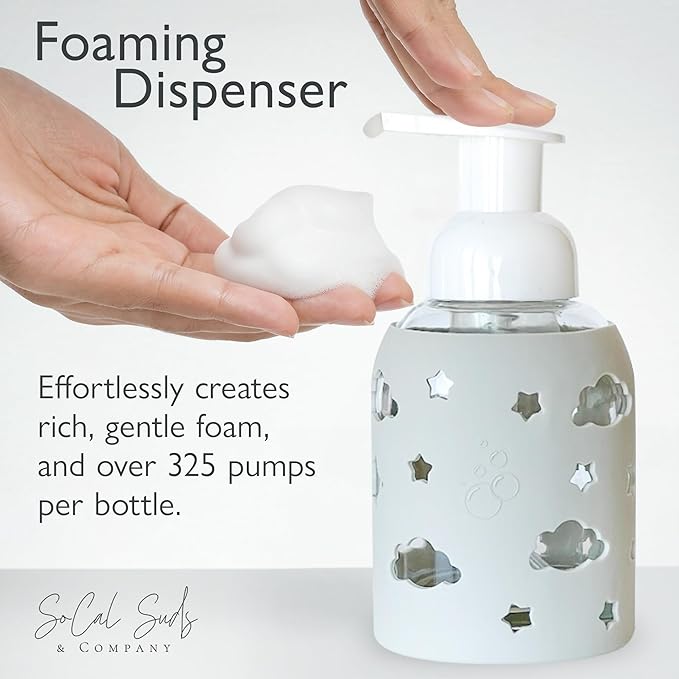 SoCal Suds & Company Glass Foaming Hand Soap Dispenser, Soft Grip Silicone Sleeve, Refillable Pump Bottle for Kids, Baby Wash & Shampoo, Ideal for Home Use, Light Grey 8oz