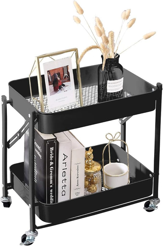 2-Tier Metal Folding Rolling Cart, Mobile Utility Cart Trolley Storage Organizer for Office Home Kitchen Organization, Sofa Side End Table with Wheels, Black