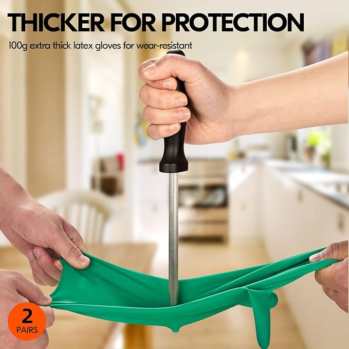Vgo... 2-Pairs Reusable Household Gloves, Rubber Dishwashing gloves, Extra Thickness, Long Sleeves, Kitchen Cleaning, Working, Painting, Gardening, Pet Care (Size M, Green, HH4601)