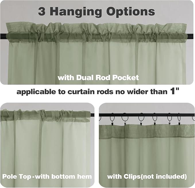 Chyhomenyc Sage Green Sheer Curtains 90 Inches Long 2 Panels, Light Filtering Green Curtains for Living Room, Soft Gentle Voile Rod Pocket Bedroom Window Drapes, 59Wx90L Inch, 2PCS
