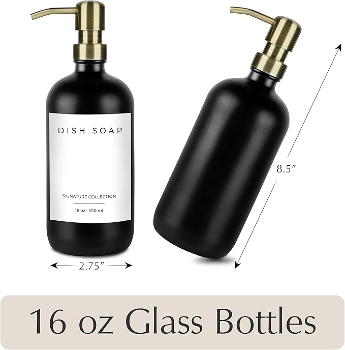 Emerson Soap Dispenser, Dish Soap Dispenser for Kitchen, Soap Dispenser Bathroom Set - Hand Soap Dispenser, Kitchen Soap Dispenser Set, Glass Soap Dispenser with Pump and Labels - 16 Oz, 2 Pack