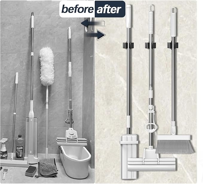 3-H Stainless Steel Broom Holder Wall Mount 4-Pack-Heavy Duty Mop Organizer, Wall Mounted Broom Storage with Secure Mounting for Laundry Garage Bathroom