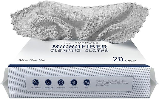 20Pack Microfiber Cleaning Cloth in Bag,Multi-Purpose Reusable Cleaning Wipes Rags,Lint Free,Scratch & Streak-Free Cloth for Car,Small Microfiber Towels for House Wash,12" x 12" (LightGrey)