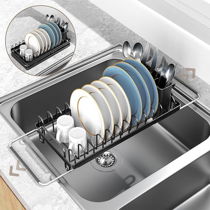Small Dish Drying Rack Over The Sink, Compact Dish Rack with Silicone Mat for Kitchen Counter, Expandable Dish Drainers Drying Rack Used in Sink & on Countertop, Black