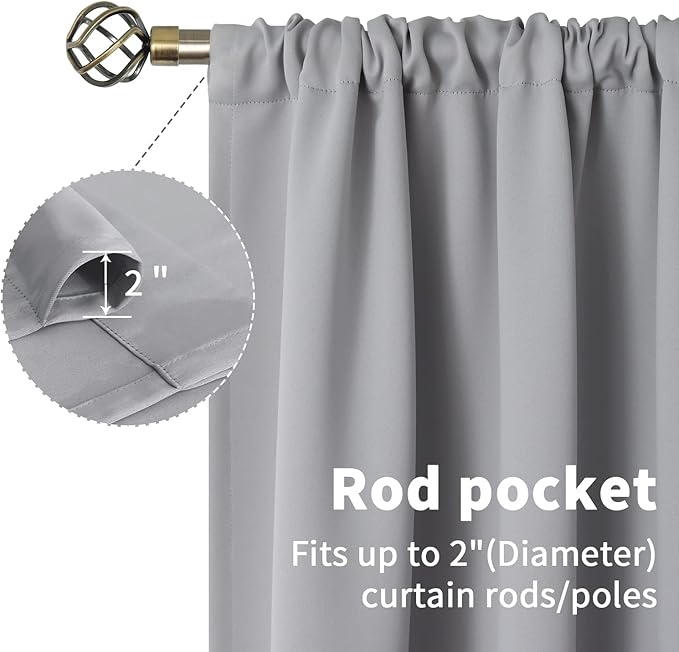 BGment Rod Pocket Room Darkening Curtains 63 Inches Long for Bedroom - Thermal Insulated Blackout Curtains for Living Room, 42 x 63 Inch, 2 Panels, Light Grey