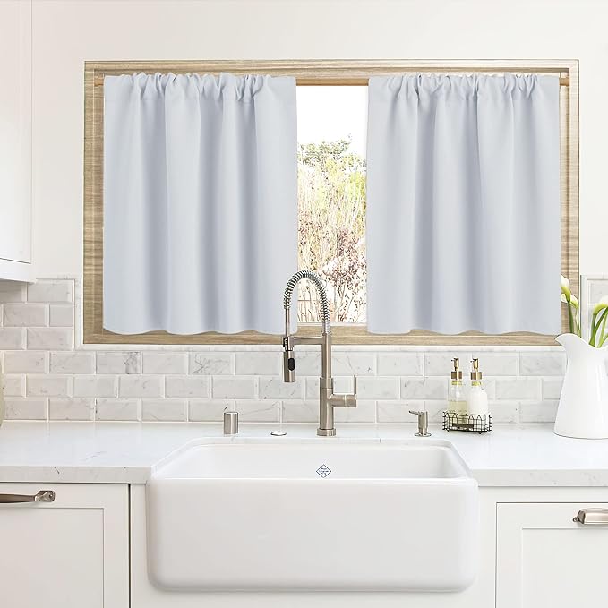 RYB HOME Blackout Curtains for Kitchen, Over Sink Privacy Curtains Window Decor, Thermal Insulating Drapes for Bathroom Cafe Bedroom Small Window, W 42 x L 24 inch, Greyish White, 2 Panels