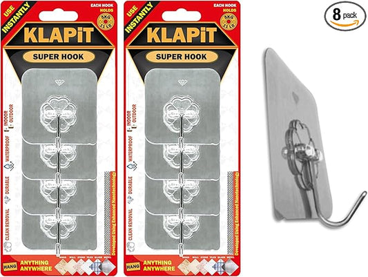 KLAPiT Super Hook - Heavy-Duty Adhesive Wall Hooks, Holds Up to 11 lbs, Waterproof, No Damage, Easy Install on Tile, Wood, Stone, Glass & Metal - Made of Steel (Silver, 8pc)