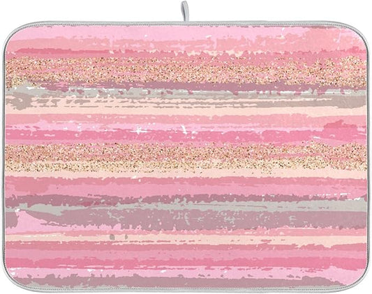 Pink Gold Stripe Dish Drying Mat for Kitchen Countertop 16x18 Rectangle Small Drying Mat Reusable Quick Dry Dish Sink Absorbent Mats Dishwasher Easy Clean Decorative Home Decor Essentials