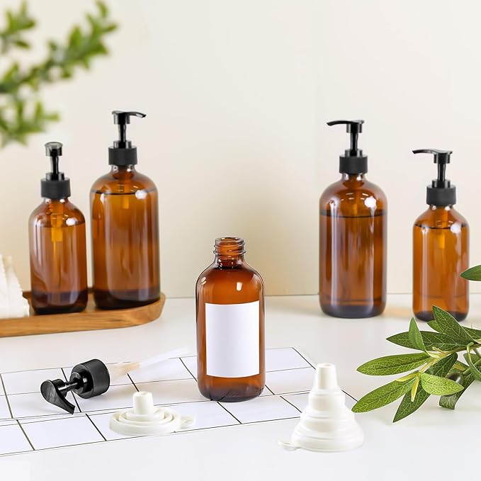 12 Pack Amber Glass Bottles 8oz with Pump Dispensers, Refillable Empty Pump Bottles for Bathroom, Kitchen, Shampoo, Soap, Lotion – Includes 2 Funnels & 12 Labels