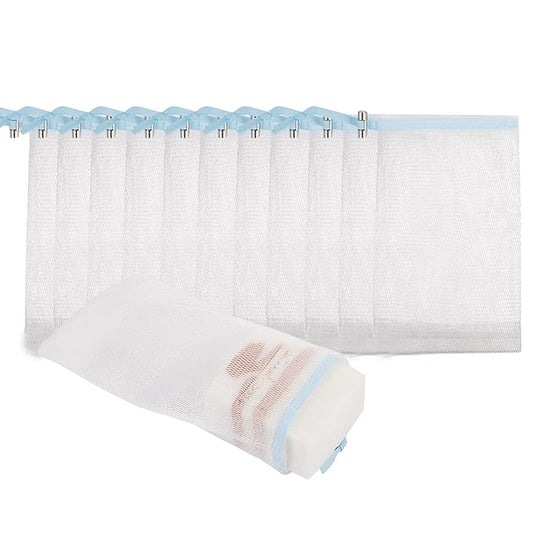 Cobahom 12 Pack Mesh Soap Bag Mesh Foaming Net Soap Sack Bags Soap Saver Pouch Net Bags with Drawstring for Bath & Shower （Blue）6x3.5Inch