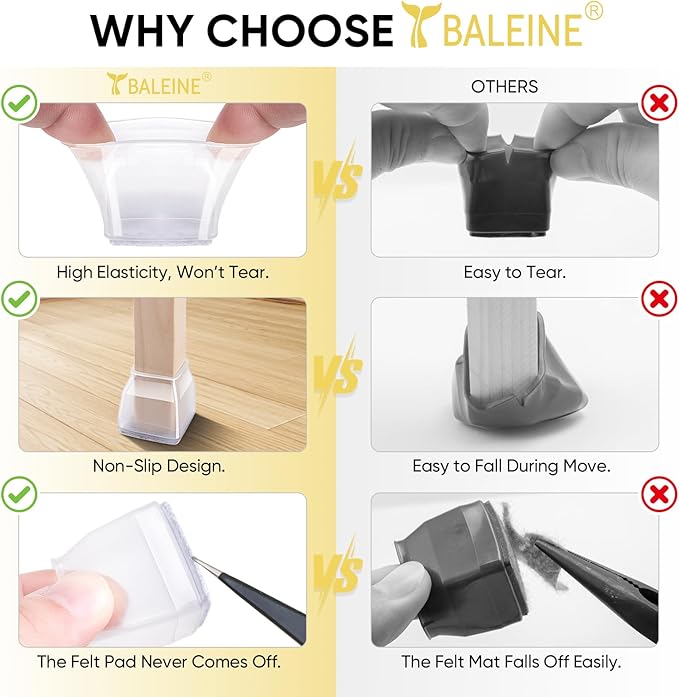 BALEINE 24 Pack Silicone Chair Leg Floor Protectors, Stool Leg Protectors Cap, Non-Slip Chair Leg Caps for Hardwood Floors (Clear & Large (Square), 24 Pack)