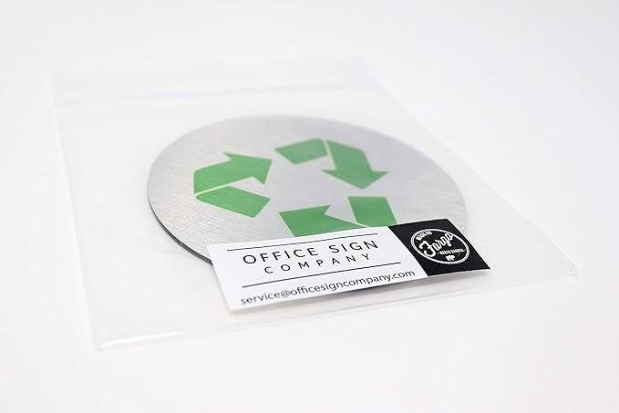 Metal Trash & Recycling Signs | Garbage & Recycling Bin Marker | Set of 2 - 1 Black Trash Sign & 1 Green Recycle Sign | 3" Round, Brushed Silver Aluminum Signs | Made in USA
