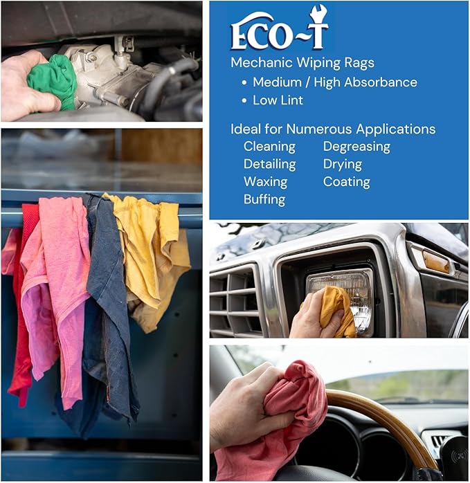 10 Lb Box Eco-T Mechanic Shop Rags - Colored T-Shirt Material, 100% Recycled, Eco-Friendly, High Absorbency, Low Lint, Low-Cost, Industrial Use Wiping Cloth
