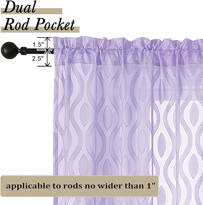 Aiyufeng Light Purple Sheer Curtains 72 Inches Long 2 Panels Set, Elegant Light Filtering Transparent Curtain Draperies for Bedroom Living Room, Classic Clip Wavy Line Door Curtains, 40Wx72L Inch