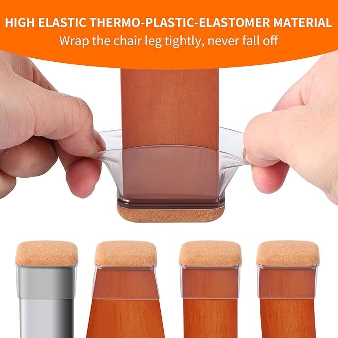 Ezprotekt 8 Pcs Rectangle Clear Silicone Chair Leg Floor Protectors, Rectangle Felt Felt Furniture Pads Caps Covers for Chair Table Desk, Anti- Scratches and No Noise (Fit L :1.3-1.7", W: 0.6-0.9")
