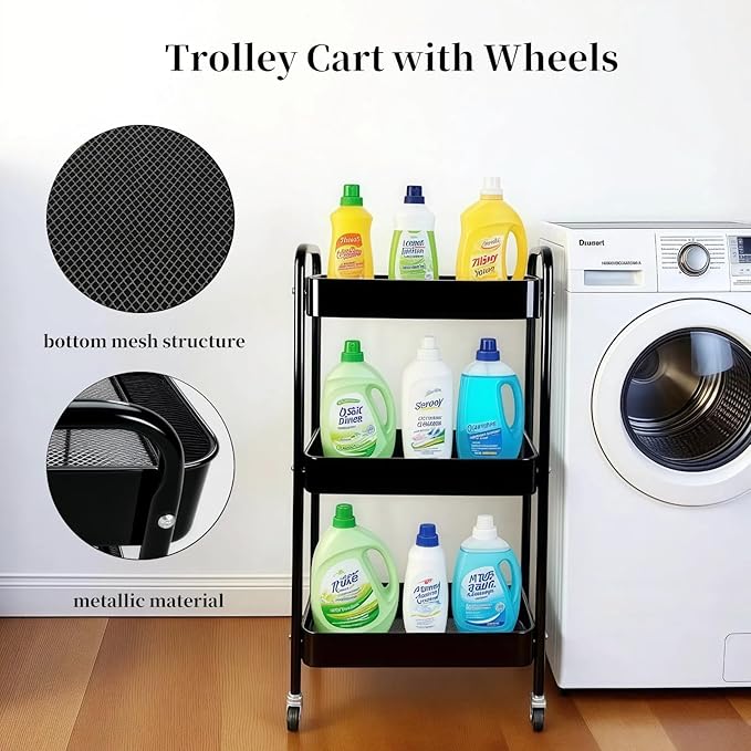 3 Tier Rolling Storage Cart for Kitchen Storage & Laundry Room Organization, Large Capacity Metal Utility Cart on Wheels and 4 Hooks for Art Lash Craft Bedside, Sturdy Nursery Organizer, Black