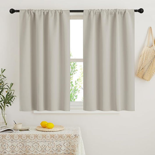 RYB HOME Blackout Short Cafe Curtains, Privacy Light Block Small Window Curtains for Bedroom Kitchen Basement Dining Classroom, W 34 x L 45 inches, Natural, 2 Panels