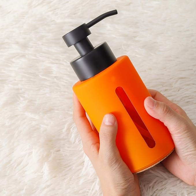 Enra Fall Glass Soap Dispenser with Window,12oz Orange Bathroom Soap Dispenser with Stainless Steel Lotion Pump,Hand Liquid Soap Dispenser Countertop for Bathroom Kitchen(Orange/Liquid Type)