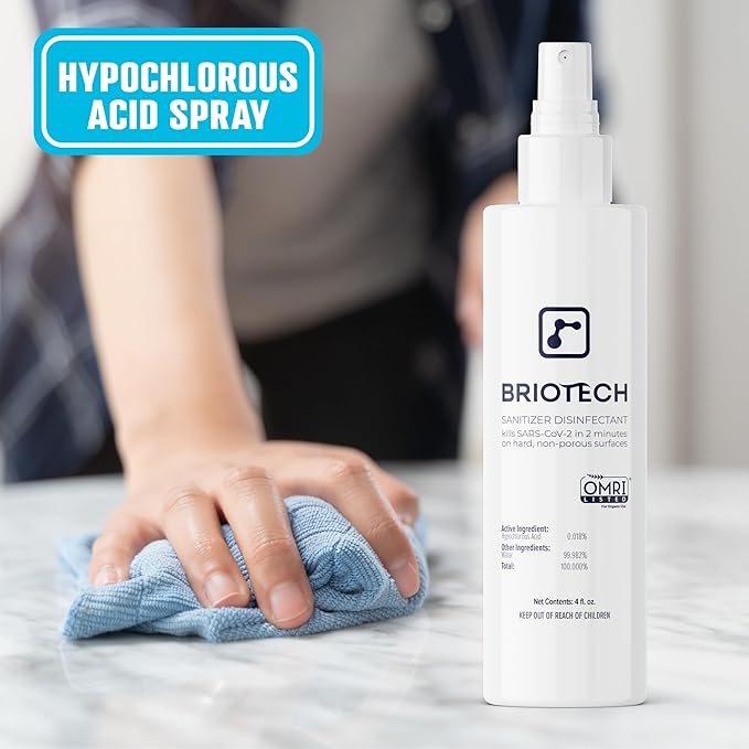 BRIOTECH Sanitizer Disinfectant Hypochlorous Spray, Kill 99.99% of Viruses & Bacteria, Control Mold, Eliminate Odor, Gentle for Nursery & Play Rooms, Food Contact Surface Sanitizer, 8 fl oz (4 Pack)
