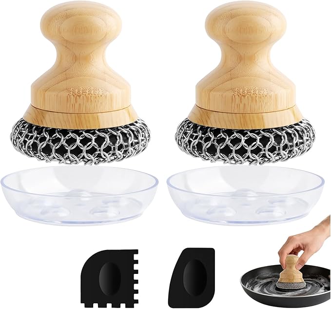 Cast Iron Scrubber and Scraper,Chain Mail Cleaner with Bamboo Handle & Draining Tray,316 Stainless Steel Brush for Cleaning Pots,Pans,Wok,Bakeware,Griddles, Grills(Large Chain Mail,2pcs)