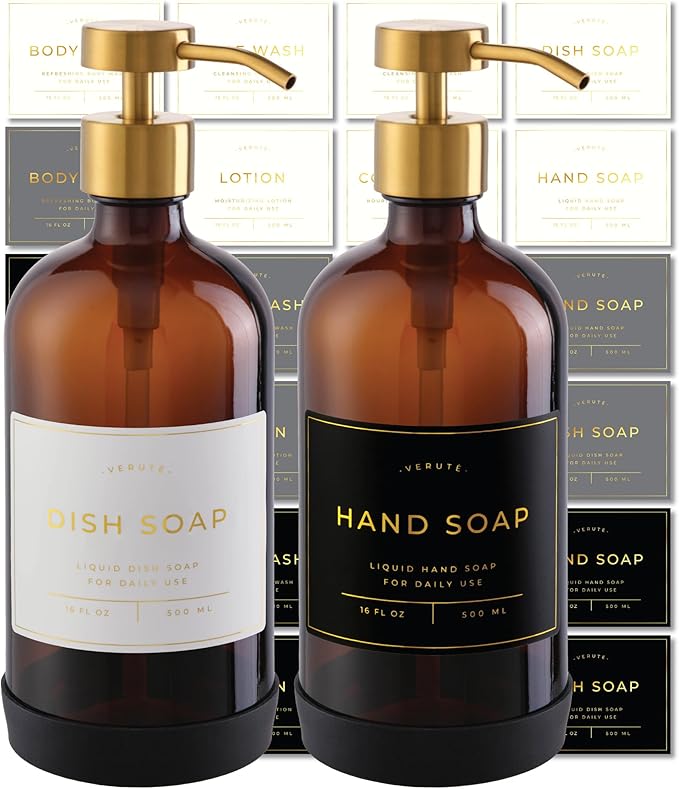 16oz Glass Soap Dispenser with Stainless Steel Pump, 21 Waterproof Labels, Non-Slip Protective Silicone Pad, Set of 2 for Bathroom & Kitchen (Amber Bottle/Brushed Gold Pump)