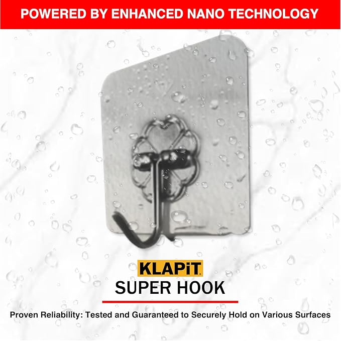 KLAPiT Super Hook - Heavy-Duty Adhesive Wall Hooks, Holds Up to 11 lbs, Waterproof, No Damage, Easy Install on Tile, Wood, Stone, Glass & Metal - Made of Steel (Clear, 4pc)