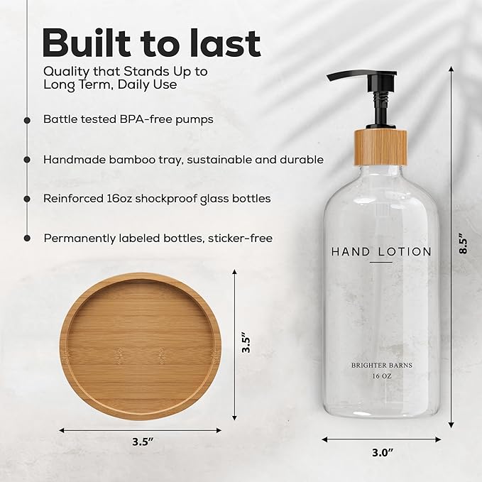 Glass Lotion Dispenser with Pump for Bathroom by Brighter Barns - Hand Lotion Dispenser Set with Tray - Boho Hand Cream Container for Bathroom, Neutral Home Decor in Bedroom, Lobby, Restaurant (Clear)