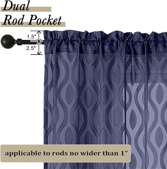 Aiyufeng Blue Sheer Curtains 54 Inch Length 2 Panels, Soft Lightweight Clip Jacquard Textured Sheer Curtain Panels, Modern Wavy Line Voile Sheer Curtains for Bedroom Living Room, 40" Wx54 L Inches