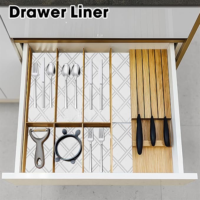 Drawer and Shelf Liner for Kitchen Cabinets Non-Adhesive, Non-Slip Cabinet Liner Shelf Paper Strong Grip Waterproof Easy to Clean for Kitchen Shelves Cupboard,Silver Geometric,12IN X 10FT