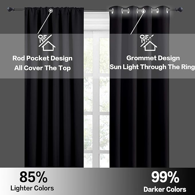 RYB HOME Black Blackout Curtains for Bedroom Living Room- Rod Pocket Energy Efficient Privacy Protect Blackout Window Curtains & Drapes Panels 72 inches Long for Office, 42 Wide x 72 Long, 2 Pieces
