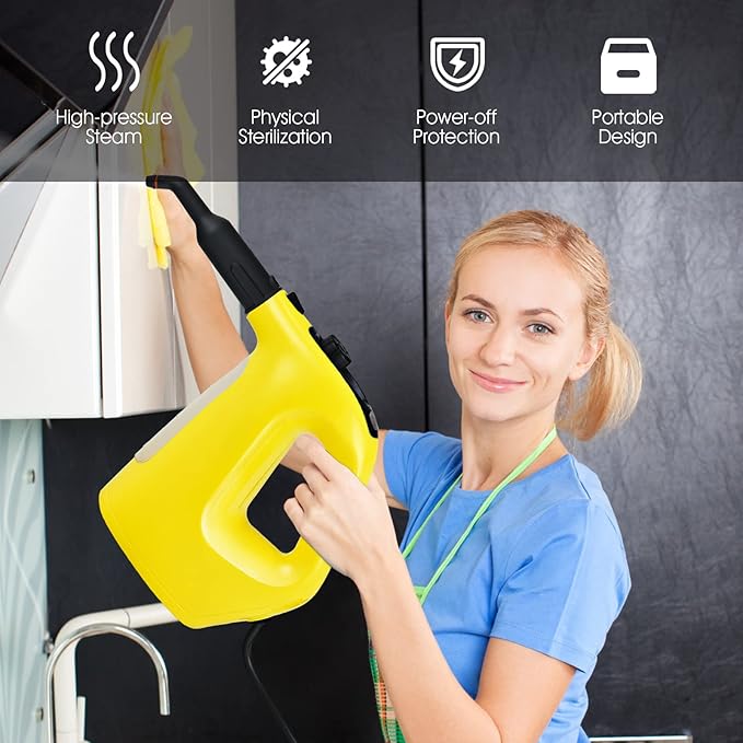 COSTWAY Handheld MultiPurpose Steam Cleaner with 17 Pieces, 350ml Large Capacity Steam Mop Continuous Fill water, Portable Chemical-Free Steamer for Home Use, Floors, Windows, 1400W, Yellow