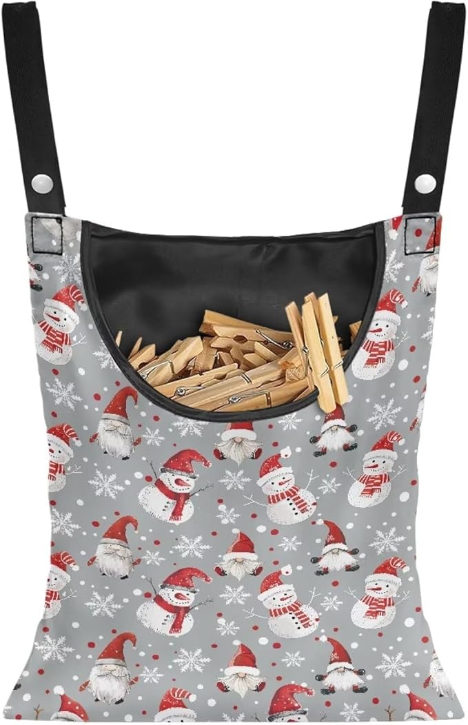 Cute Snowman Large Capacity 14.5 x 12 Inch Clothespin Bag with Hanging Hook Waterproof Clothes Pin Hanging Bag Clothespin Storage Organizer with Large Opening