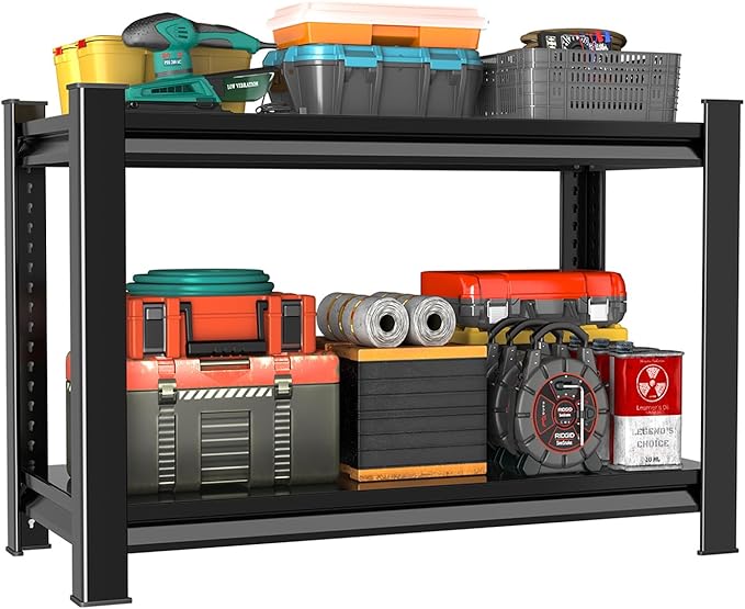 40" W 2-Tier Garage Shelving Heavy Duty, 1000LBS Loads Garage Storage Shelves, Metal Shelving Units and Storage Racks, Industrial Utility Shelf Heavy Duty,40" Wx16 Dx36 H, Black