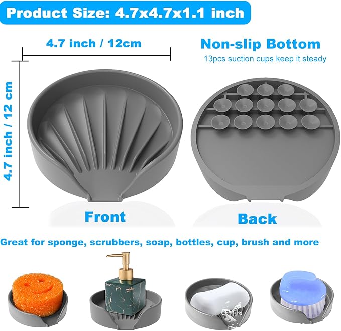 Self Draining Soap Dish, Silicone Suction Cup Soap Holder Tray Savers Container Sponge Holder for Bar Bathroom Shower Kitchen Sink, Can Extend Soap Life (1, Gray)