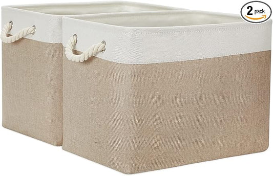 Temary Fabric Storage Baskets 2 Pack Decorative Storage Bins Basket for Gifts Empty Shelf Baskets with Handles for Organizing Home Closet, Towels (White&Khaki,16Lx12Wx12H Inches)